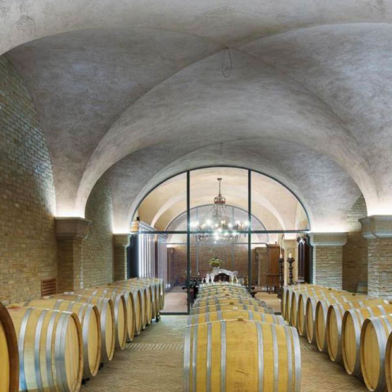 Wine cellar with barrels in a room with vaulted ceilings, designed by Archidomus - architect Monica Rossi