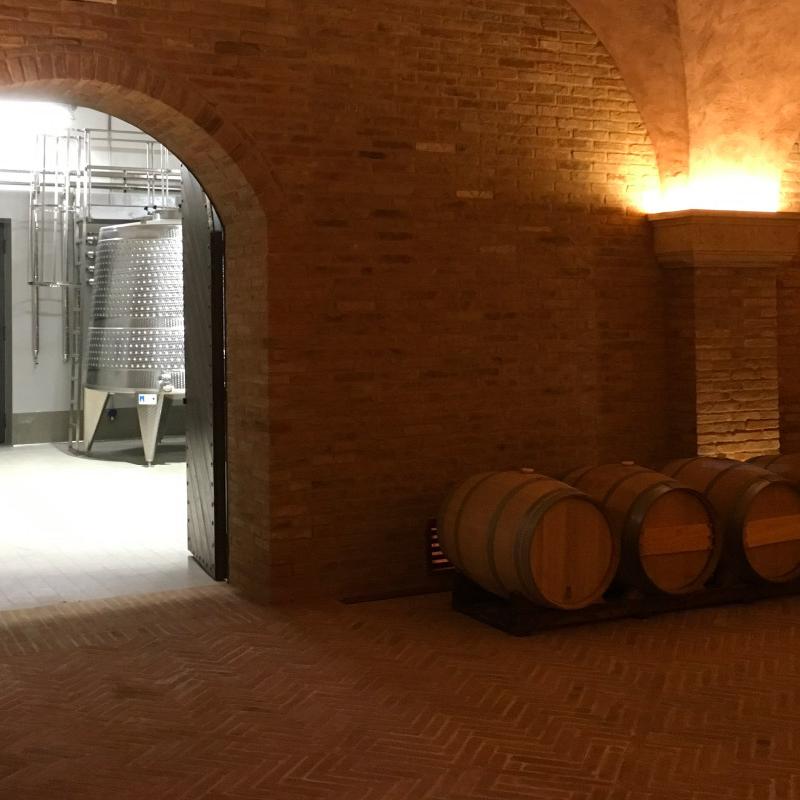 Wooden barrels in a brick vaulted cellar with a steel tank, designed by Archidomus - architect Monica Rossi