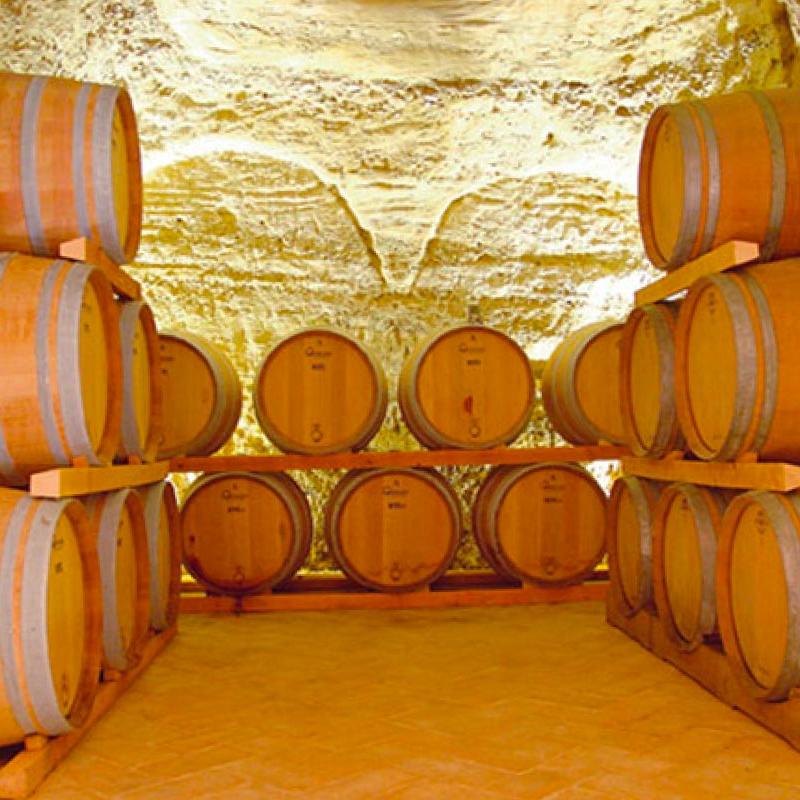 Wooden barrels in a brick cellar, designed by Archidomus - architect Monica Rossi